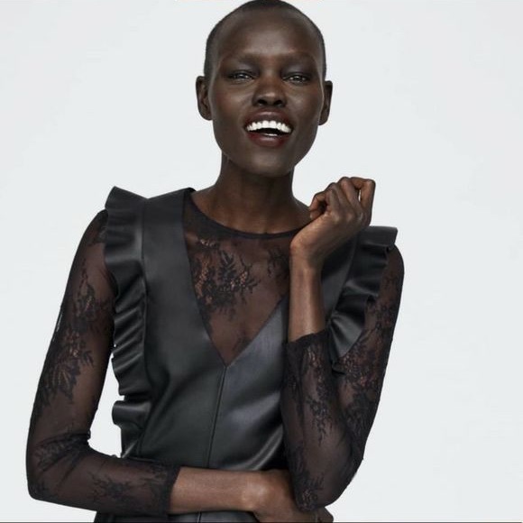 Zara Combine Tube Ruffle Faux Leather Mini Dress with Lace Sleeves - Picture 3 of 10